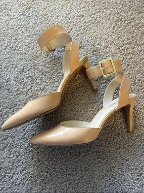 Nine West Nude/Tan Pointed-Toe Ankle Strap Heels with Gold Buckle